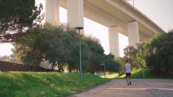 Masculin joggeur fonctionnement dans parc ensoleillé journée. athlète Faire cardio entraînement. video