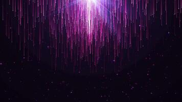 abstrakt filmiska bakgrund med en ljus regn av magisk partiklar av damm och glitter. ljus neon strålar och lysande rader av ljus i rörelse. sömlös slinga video