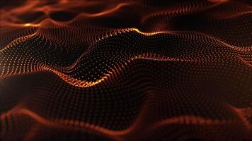 Abstract digital dynamic waves of orange particles with light motion lights background, data flow, cyber technology. 3D rendering. Seamless looping 4k video