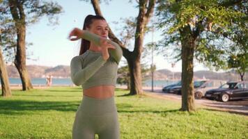 joven adulto aptitud mujer hacer ejercicio al aire libre en verde césped. video