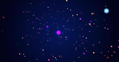 Flight of multi-colored luminous particles, dots or balls on a dark background. video