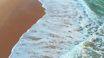 aéreo Visão do onda em a de praia com areia e turquesa ondas video