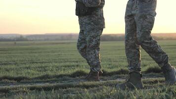 ukrainisch Soldaten März beim Sonnenaufgang, zwei Soldaten im tarnen März durch ein Feld beim Dämmerung. video