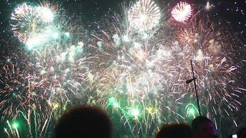 Portugal, Lissabon 31 december 2023 kleurrijk vuurwerk exploderend in nacht lucht. menigte genieten van de mooi vuurwerk Scherm in lucht gedurende nieuw jaar viering. mensen aan het kijken vuurwerk show. video