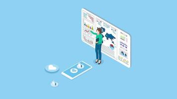 Social media monitoring and analytics tools with Woman explains about SEO, marketing research user and customer behavior. 2D isometric Animation video