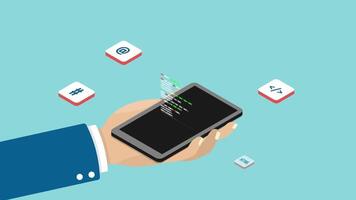 AI coding assistant helps write prompt auto code text for software developers. 2D isometric Animation video