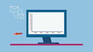 statistieken Aan website verkeer zijn toenemend Bij raket snelheid. gegevens analyse, seo ranking optimalisatie en toenemen website bezoekers concept. 2d animatie video