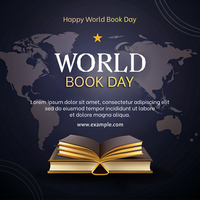 A poster for World Book Day featuring a book with a globe in the background psd