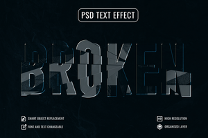 broken text effect with a black background psd