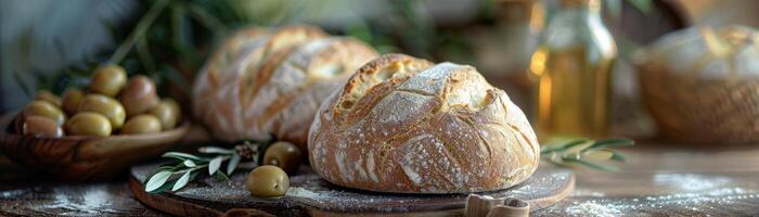 Rustic Bread Rolls and Olive Branch on Table photo