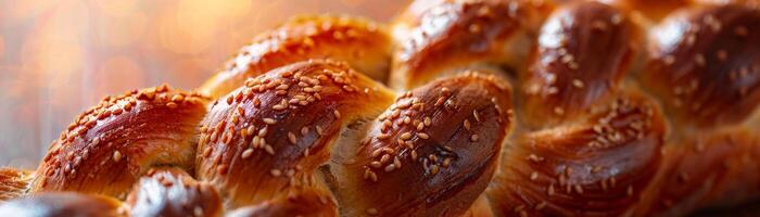 Detailed close-up of a freshly baked challah bread with sesame seeds, showcasing its texture photo