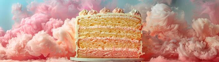 A tall layered sponge cake amidst swirling pink clouds, creating a dreamlike dessert landscape photo