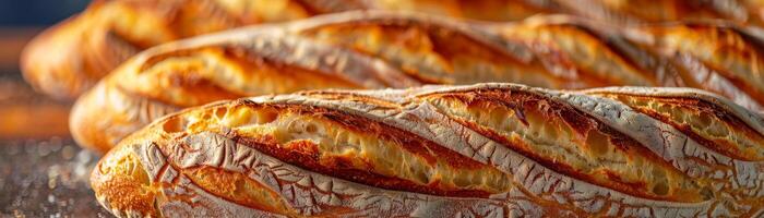 dorado francés baguettes rociado con sésamo semillas descansa en un texturizado superficie, radiante el calor de un tradicional panadería foto