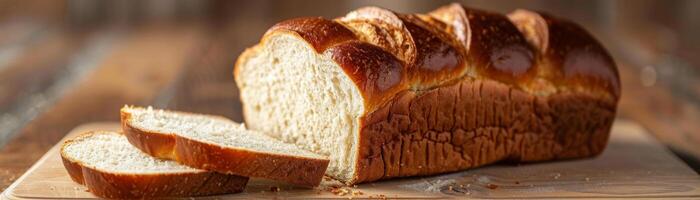 Golden loaf of bread with one end sliced on a rustic wooden table with crumbs scattered around photo