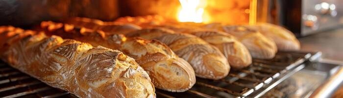 Rustic artisanal bread loaves with a golden crust baking in the oven, with the fiery glow of the flames in the background. photo