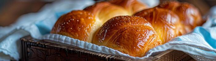 Glazed golden brioche buns nestled in a wicker basket with a soft white cloth, exuding homey warmth photo