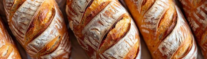 The detailed texture of freshly baked artisan baguettes with a crispy golden crust, lined up showcasing the skill of traditional breadmaking photo