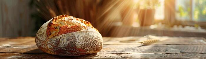 An artisanal bread loaf rests on a rustic wooden table, bathed in the golden glow of streaming sunlight photo