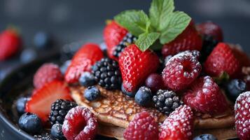 un pastel con fresas, arándanos, y frambuesas en cima. el pastel es en un negro plato foto