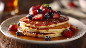 A stack of pancakes with strawberries and blueberries on top photo