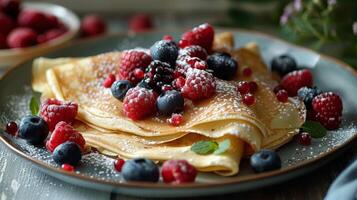 A plate of pancakes with berries and whipped cream photo