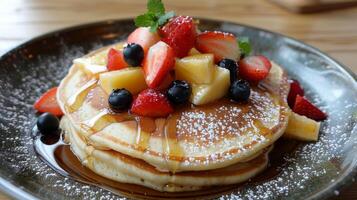 A stack of pancakes with strawberries and blueberries on top photo