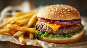 A cheeseburger with fries on a wooden table. The burger is topped with cheese and a tomato photo