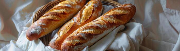 Freshly baked artisan sourdough breads in a woven basket, covered with a linen cloth photo