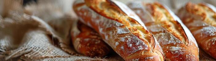 artesanal baguettes con un hermosa corteza, ligeramente espolvoreado con harina, mentira en un rústico lino paño, encarnando el esencia de tradicional horneando foto