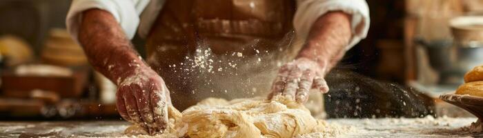 Close-up of a baker's hands working with flour and fresh bread dough on a wooden surface photo