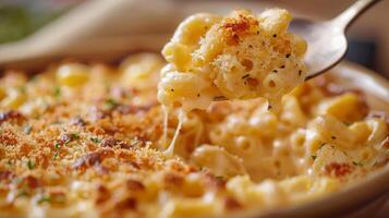 A spoon is scooping up a large portion of macaroni and cheese photo