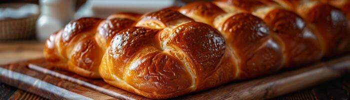 A row of shiny glazed challah bread loaves on a wooden cutting board, highlighted by the kitchen's warm lighting photo