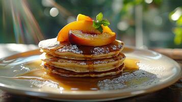 A stack of warm, fluffy pancakes topped with syrup and a fresh peach slice, glistening in sunlight photo