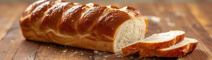 Golden loaf of bread with one end sliced on a rustic wooden table with crumbs scattered around photo