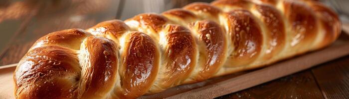 Traditional braided challah bread with a glossy crust on a wooden cutting board, freshly baked photo