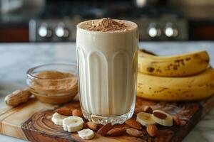 A glass of smoothie with a banana and some nuts on a wooden cutting board photo