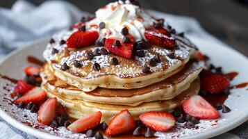 un apilar de panqueques con fresas y azotado crema en parte superior foto