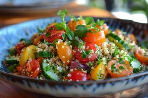 A bowl of food with a variety of vegetables including tomatoes, cucumbers photo