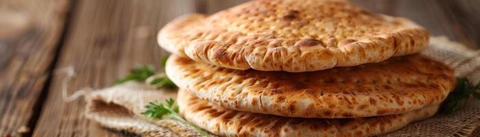 Stack of homemade flatbreads with sesame seeds on a rustic wooden board in a cozy kitchen setting photo
