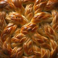 Close-up of an intricately braided bread, highlighting the craftsmanship in its golden crust photo