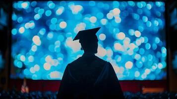 silueta de graduado dando comienzo habla en vibrante digital pantalla foto