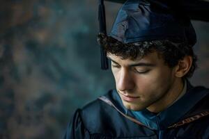 Thoughtful Graduate Holding Diploma in Serene Contemplative Moment photo