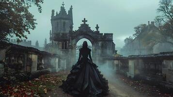 Dramatic Gothic Landscape with Elaborate Costumed Figure in Decaying Outdoor Setting photo