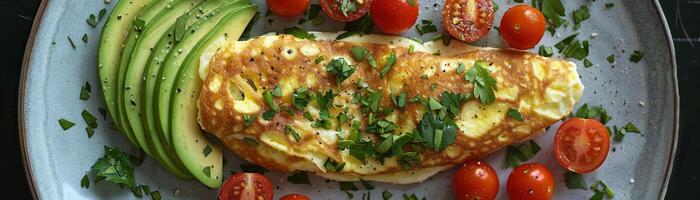 A plate of food with a fried egg, tomatoes, and avocado photo