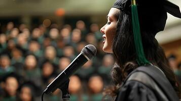 Confident valedictorian speaking into microphone on stage before a large audience during a photo