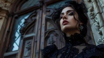 Captivating Gothic Allure A Dramatic Architectural Portrait of Ethereal Beauty photo
