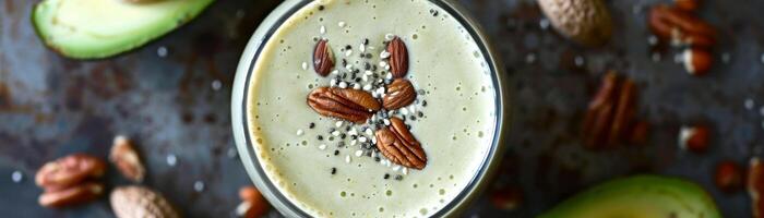 A glass of green smoothie with nuts and a green leaf on top photo