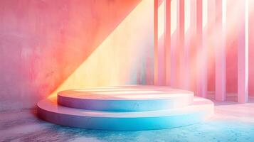 Vibrant Pastel Podium Against Geometric Rainbow Backdrop in Contemporary Studio Setting photo