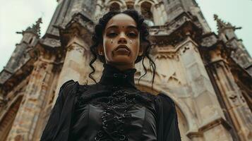 Dramatic Gothic Portrait Embodying the Essence of a Creative Lifestyle in an Outdoor Medieval Architectural Setting photo