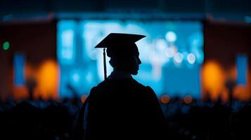 silueta graduado entregando comienzo habla en un grande digital pantalla un simbólico foto